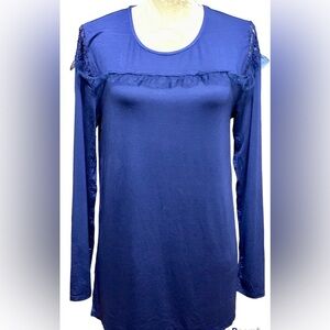 KATE & MALLORY BLUE LONG SLEEVE BLOUSE/TUNIC WITH LACE SIZE MEDIUM NEW